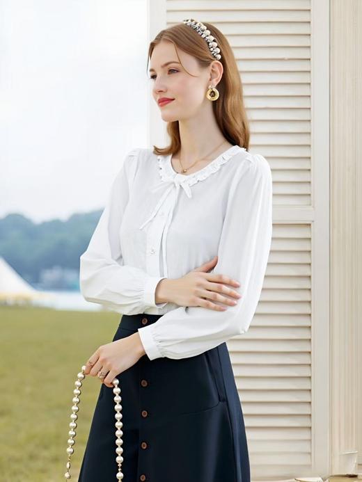 春季推荐2026→【自营】5329 100%棉花边领系带白色小衫衬衫-喜出 商品图2