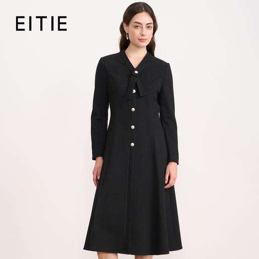 EITIE爱特爱V领蝴蝶结复古优雅金葱A字长袖连衣裙秋冬新款D2507921 商品图0