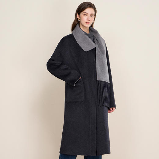 EITIE爱特爱气质清冷灰色围巾领直筒双面呢羊毛大衣秋冬新款D2514909大衣 商品图2