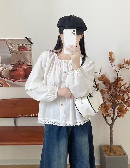 春季推荐2026→【自营】水洗棉675下摆流苏蕾丝边长袖小衫上衣-喜出 商品图0