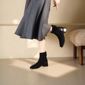 西村名物2025年冬季新款粗跟短筒绒面时尚切尔西靴T25DS49581