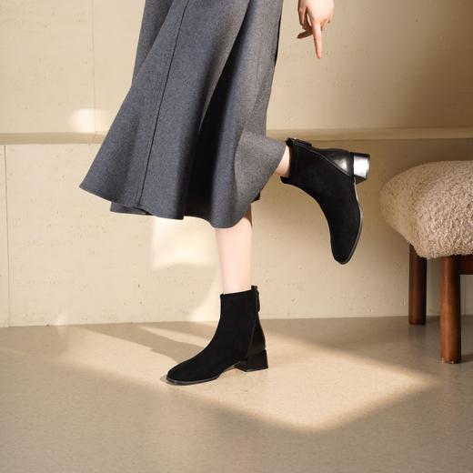 西村名物2025年冬季新款粗跟短筒绒面时尚切尔西靴T25DS49581 商品图0