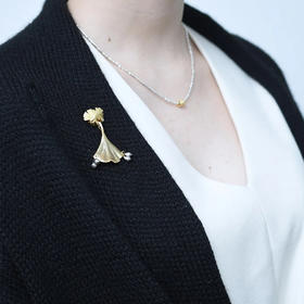 订购8周到｜Monshiro-ginkgo-银杏叶 玻璃珍珠 胸针［日本设计师］