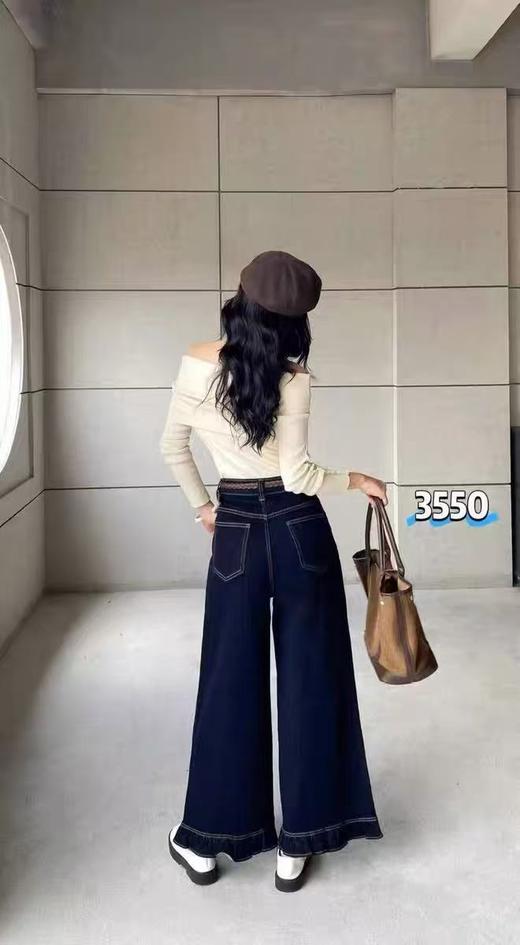 女王节抢购价-不支持退（清）【自营】不支持退货【爆款牛仔】2025秋品～6806单宁蓝超好看荷叶边牛仔直筒裤-喜出 商品图4