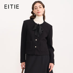 EITIE爱特爱黑色高级感缎面蝴蝶结气质小香风短外套秋冬新款D2503913