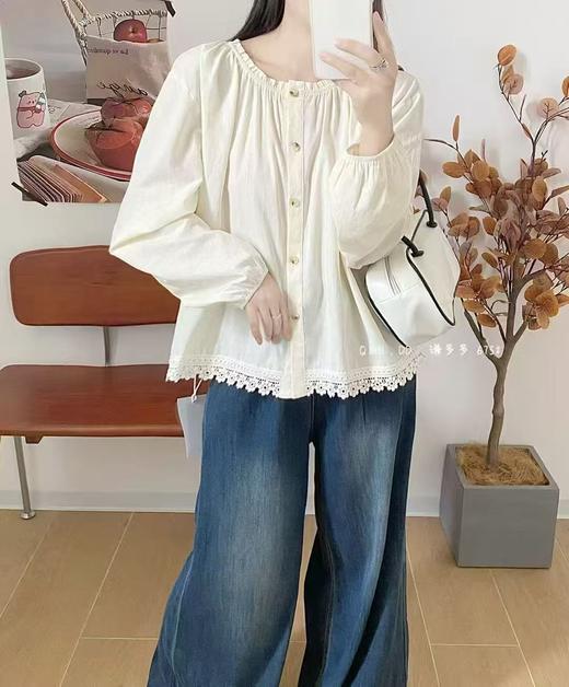 春季推荐2026→【自营】水洗棉675下摆流苏蕾丝边长袖小衫上衣-喜出 商品图2