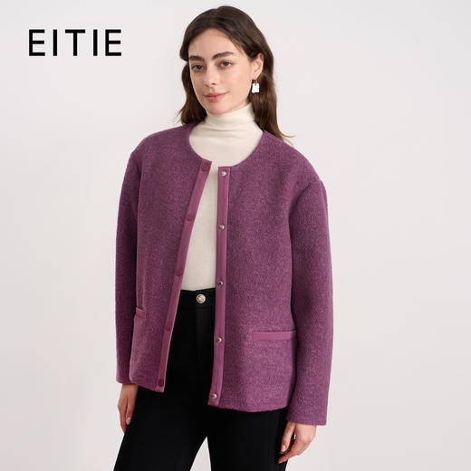 EITIE爱特爱时尚复古紫色单排扣短款宽松毛呢外套秋冬新款D2503915 商品图0