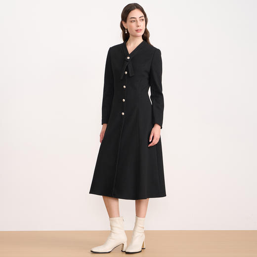 EITIE爱特爱V领蝴蝶结复古优雅金葱A字长袖连衣裙秋冬新款D2507921 商品图3