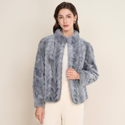 EITIE爱特爱时尚小立领浅蓝色轻奢直筒水貂毛皮草外套冬新款D2593907X 商品图2