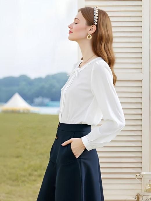 春季推荐2026→【自营】5329 100%棉花边领系带白色小衫衬衫-喜出 商品图1