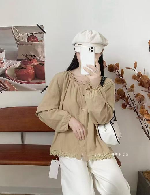 春季推荐2026→【自营】水洗棉675下摆流苏蕾丝边长袖小衫上衣-喜出 商品图3