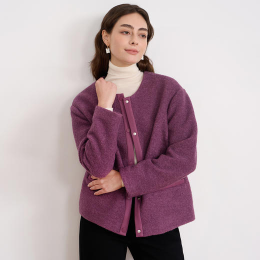 EITIE爱特爱时尚复古紫色单排扣短款宽松毛呢外套秋冬新款D2503915 商品图2