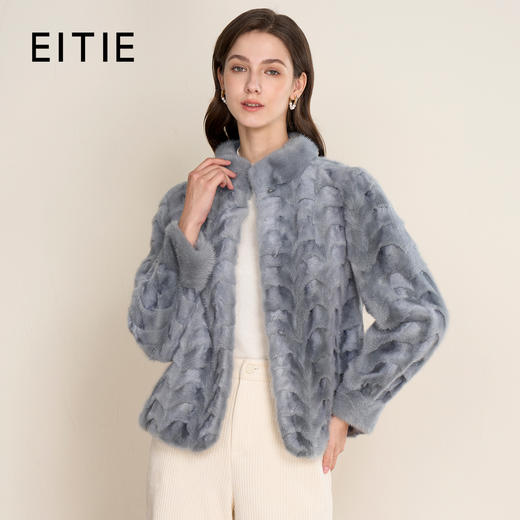 EITIE爱特爱时尚小立领浅蓝色轻奢直筒水貂毛皮草外套冬新款D2593907X 商品图0