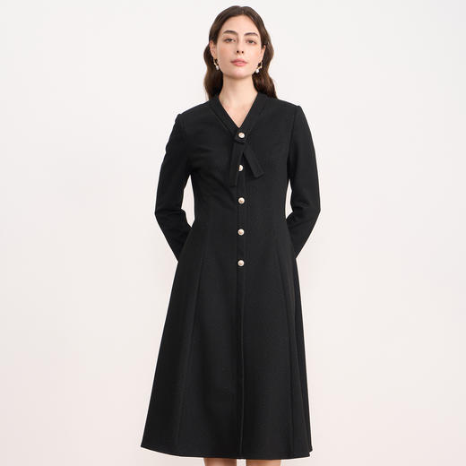 EITIE爱特爱V领蝴蝶结复古优雅金葱A字长袖连衣裙秋冬新款D2507921 商品图2