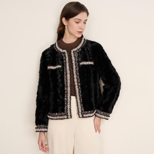 EITIE爱特爱精致优雅粗花呢拼接水貂毛皮草短外套冬季新款D2593901X 商品图4