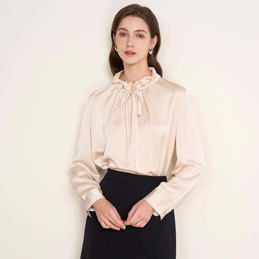 EITIE爱特爱气质抽绳木耳领直筒显瘦秋新款缎面衬衫上衣C2513826 商品图7