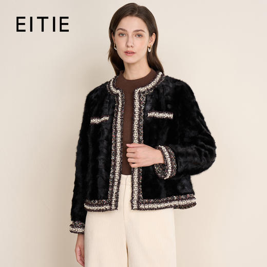 EITIE爱特爱精致优雅粗花呢拼接水貂毛皮草短外套冬季新款D2593901X 商品图0