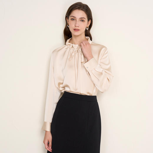 EITIE爱特爱气质抽绳木耳领直筒显瘦秋新款缎面衬衫上衣C2513826 商品图8