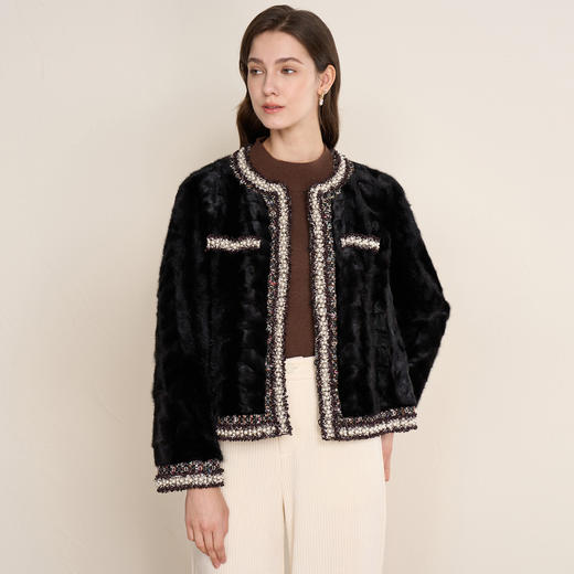 EITIE爱特爱精致优雅粗花呢拼接水貂毛皮草短外套冬季新款D2593901X 商品图3