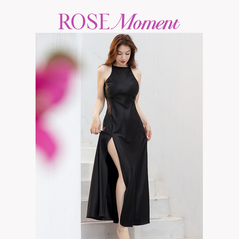 醋酸盘扣无袖掐腰露背侧开叉长裙 G240377