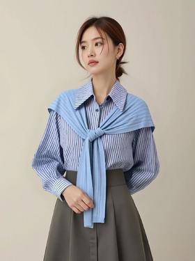 赠送披肩【早秋特卖】6201蓝色100%棉条纹长袖衬衫-喜出