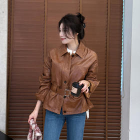 【预售7天】良木礼油蜡翻领夹克（腰带）（Q8130）