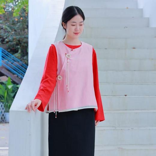 【抖音专属】A摆马甲+新中式上衣（24704133+25708182）银朱+丹罽 商品图0