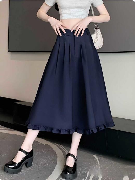 【秋新品】剪标-藏青花边一粒扣半身裙-喜出 商品图1