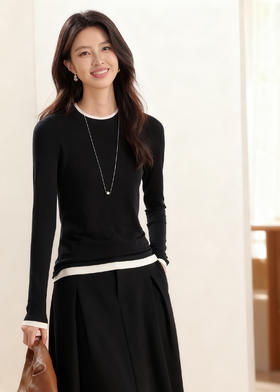 臣禾	【撞色小衫】薄丝光羊毛拼色打底衫套头针织衫	JZ253052075