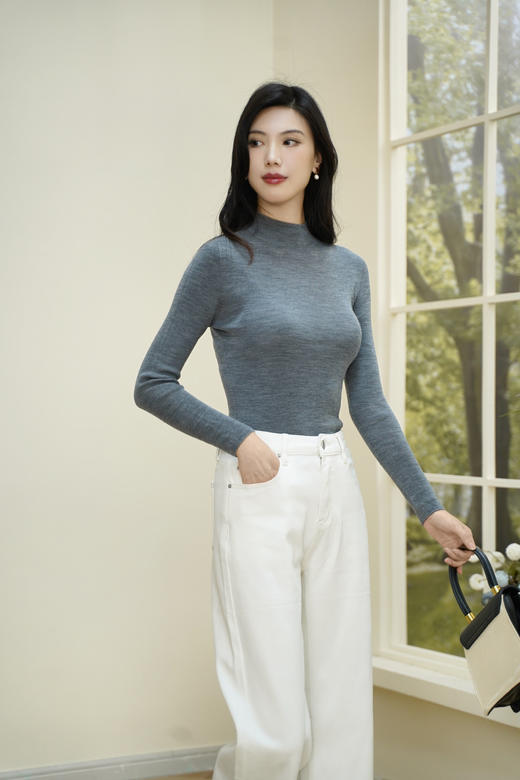 L1 臣禾【享瘦毛衫】100%精纺羊毛修身半高领打底衫套头针织衫 	JZ253091175 商品图8