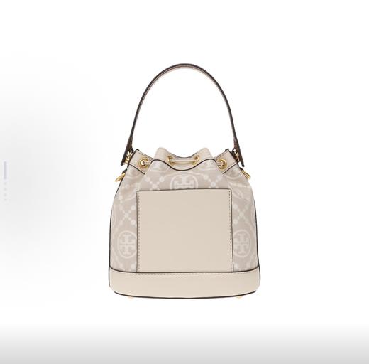 TORY BURCH 汤丽柏琦 T Monogram 压花抽绳开合可拆卸肩带 提花拼皮革饰边 水桶包手提斜挎单肩包 女款 杏仁白 商品图3