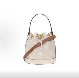 TORY BURCH 汤丽柏琦 T Monogram 压花抽绳开合可拆卸肩带 提花拼皮革饰边 水桶包手提斜挎单肩包 女款 杏仁白