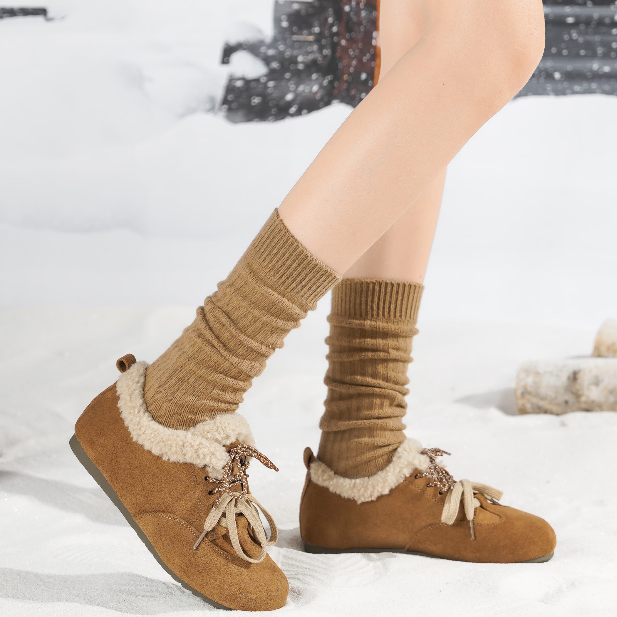 西村名物2025年冬季新款系带平底毛绒内底保暖勃肯鞋毛毛鞋T25DM49451