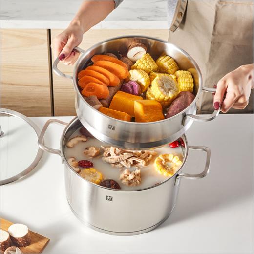 【一件包邮】ZW-C130 Zwilling Moment 深烧锅24cm+蒸笼24cm套装全透明钢化玻璃盖：烹饪过程色香尽在掌握，安心方便甘肃/青海/内蒙古/新疆/西藏/宁夏/海南/港澳台不发货 商品图1