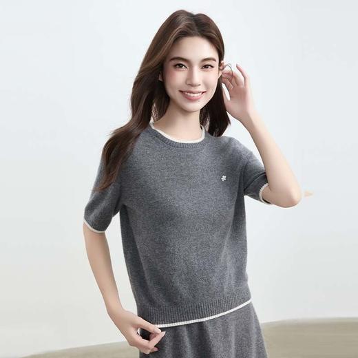 现货VogoPetite灰调撞色边针织短袖上衣100%山羊绒	BP133F1103 商品图0