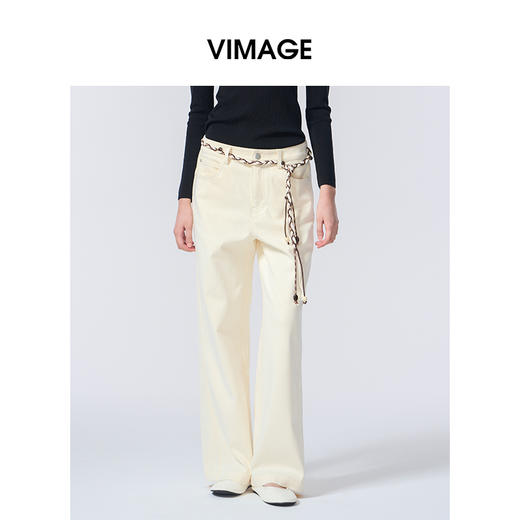 VIMAGE纬漫纪百搭宽松休闲舒适棉简约香槟白秋季新款牛仔裤V2405113 商品图0