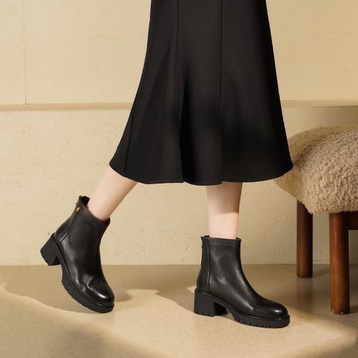 西村名物2025年冬季新款粗跟厚底防滑原皮棉优雅气质真皮绒面内里切尔西靴T25DS49551 商品图3