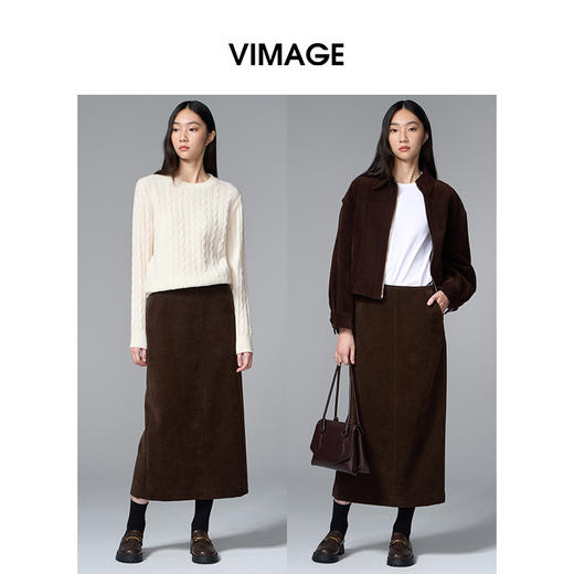 VIMAGE纬漫纪灯芯绒复古百搭直筒长款开叉半身裙女秋季新款V2406114 商品图1