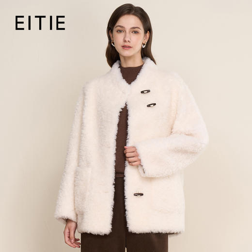 EITIE爱特爱立领宽松保暖颗粒绒牛角扣羊毛大衣外套冬季新款D2593923皮衣 商品图0