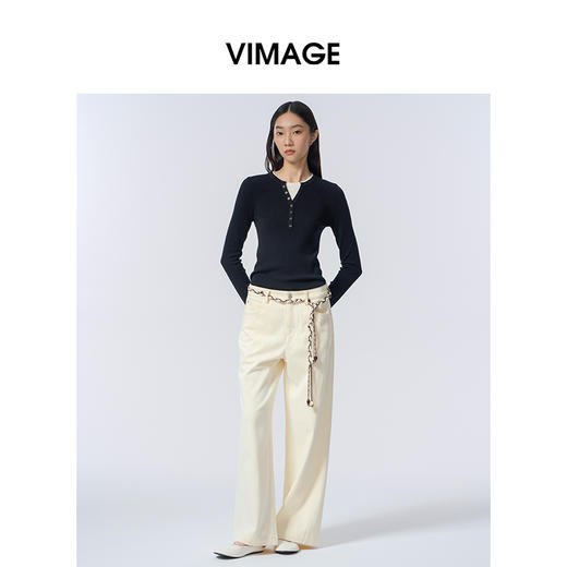 VIMAGE纬漫纪百搭宽松休闲舒适棉简约香槟白秋季新款牛仔裤V2405113 商品图1
