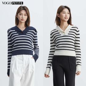 现货VogoPetite海军领条纹套头衫100%山羊绒BP133F1603