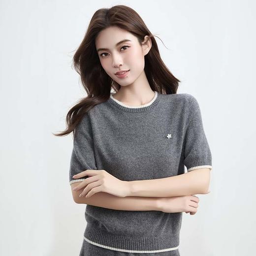 现货VogoPetite灰调撞色边针织短袖上衣100%山羊绒	BP133F1103 商品图1