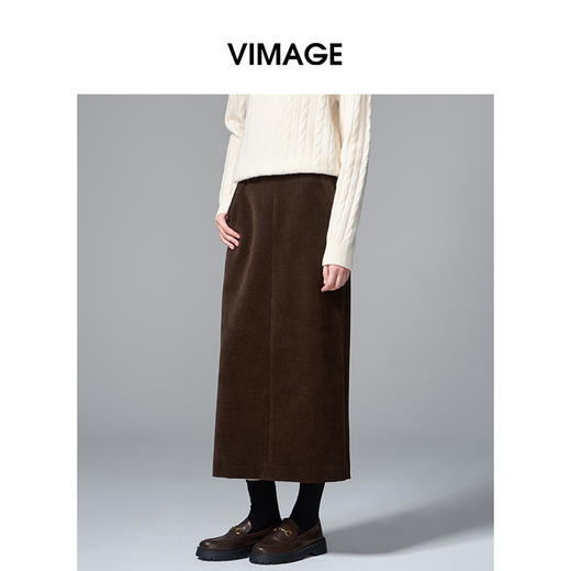 VIMAGE纬漫纪灯芯绒复古百搭直筒长款开叉半身裙女秋季新款V2406114 商品图2