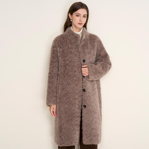 EITIE爱特爱气质立领咖色长款颗粒绒羊剪毛大衣外套冬季新款皮衣D2593925 商品图3