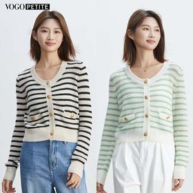 现货VogoPetite复古条纹U领开衫100%山羊绒BP133F1502