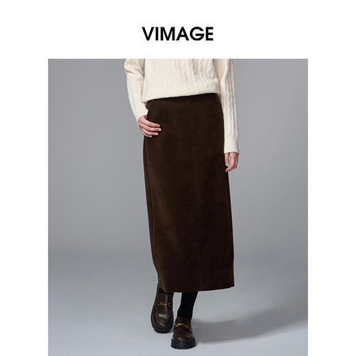VIMAGE纬漫纪灯芯绒复古百搭直筒长款开叉半身裙女秋季新款V2406114 商品图3