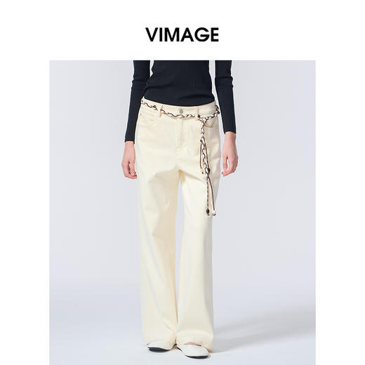 VIMAGE纬漫纪百搭宽松休闲舒适棉简约香槟白秋季新款牛仔裤V2405113 商品图3