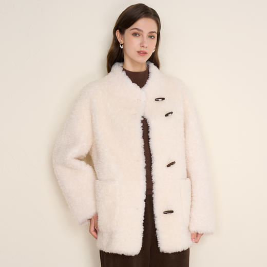 EITIE爱特爱立领宽松保暖颗粒绒牛角扣羊毛大衣外套冬季新款D2593923皮衣 商品图2