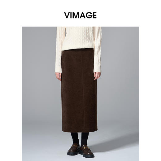 VIMAGE纬漫纪灯芯绒复古百搭直筒长款开叉半身裙女秋季新款V2406114 商品图0