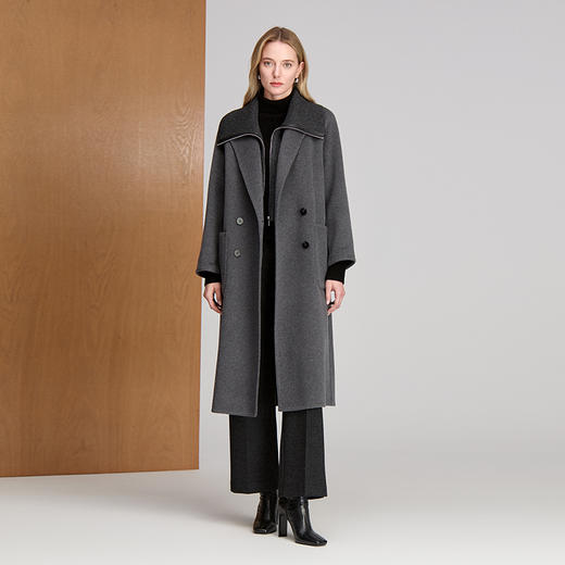 EITIE爱特爱双排扣长款绵羊毛牦牛毛绒混纺灰色大衣8414113 商品图1